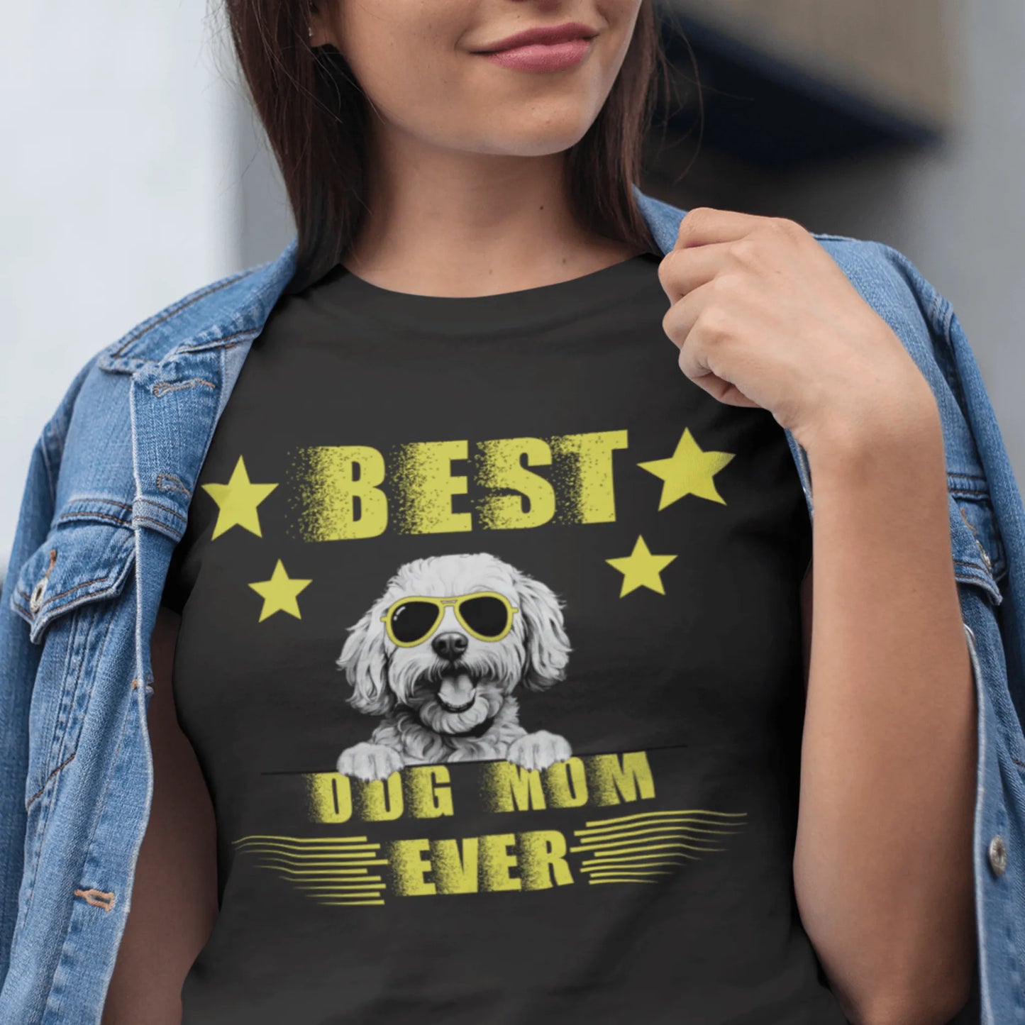 "Unisex 'Best Dog Mom Ever' T-shirt featuring a cool Bichon Frise dog wearing sunglasses – perfect Mother's Day gift for proud Bichon owners."