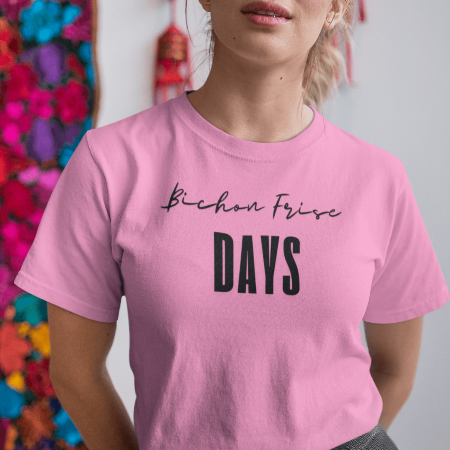 "Funny 'Bichon Frise Days' unisex black text T-shirt for Bichon Frise dog owners – festive and unique design perfect for pet lovers."