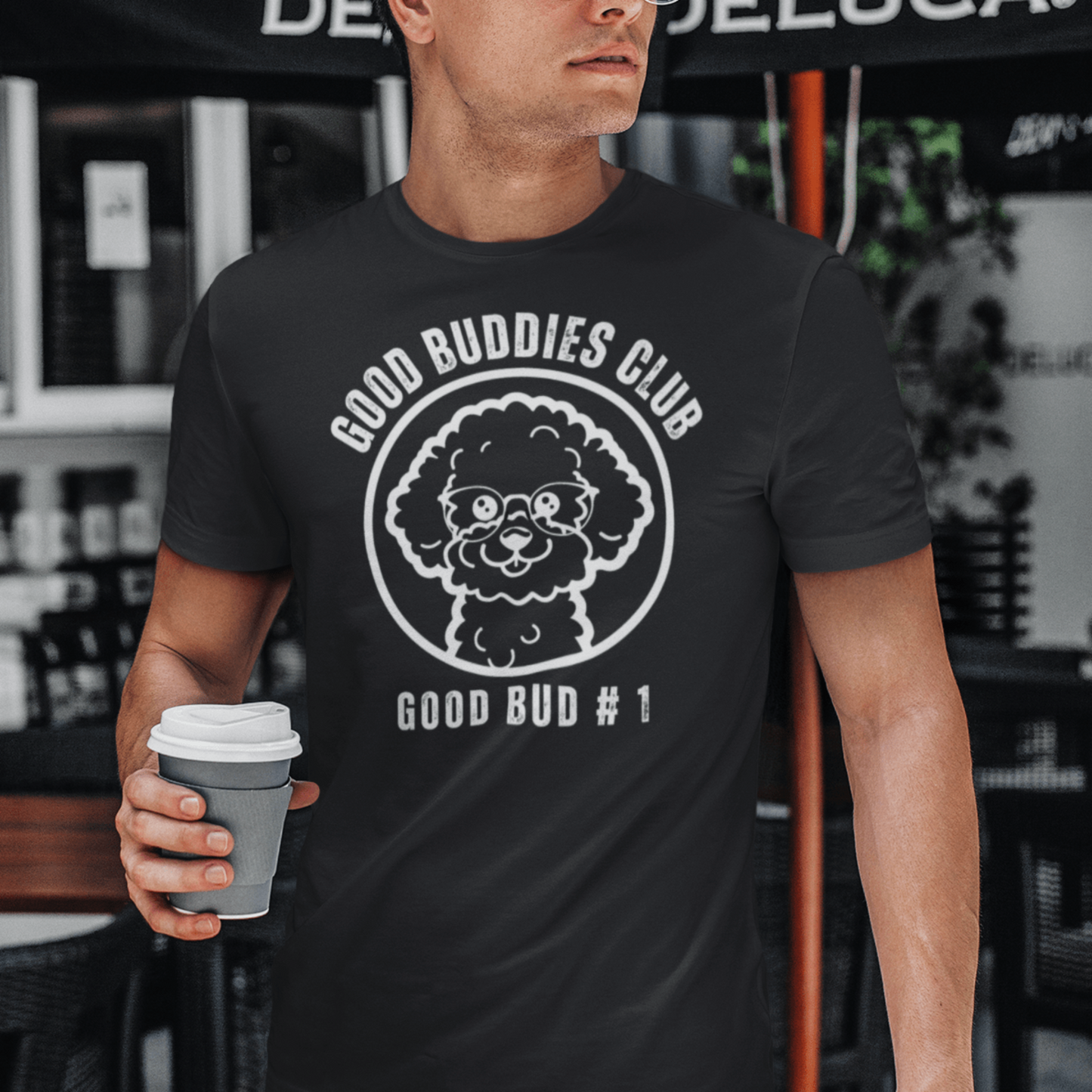“Good Buddies Club unisex T-shirt featuring a cheerful, smiling Bichon Frise dog wearing glasses illustration with white design. Fun and happy dog-themed shirt for men and women, perfect for dog owners and dog lovers beyond just Bichon Frise fans.”
