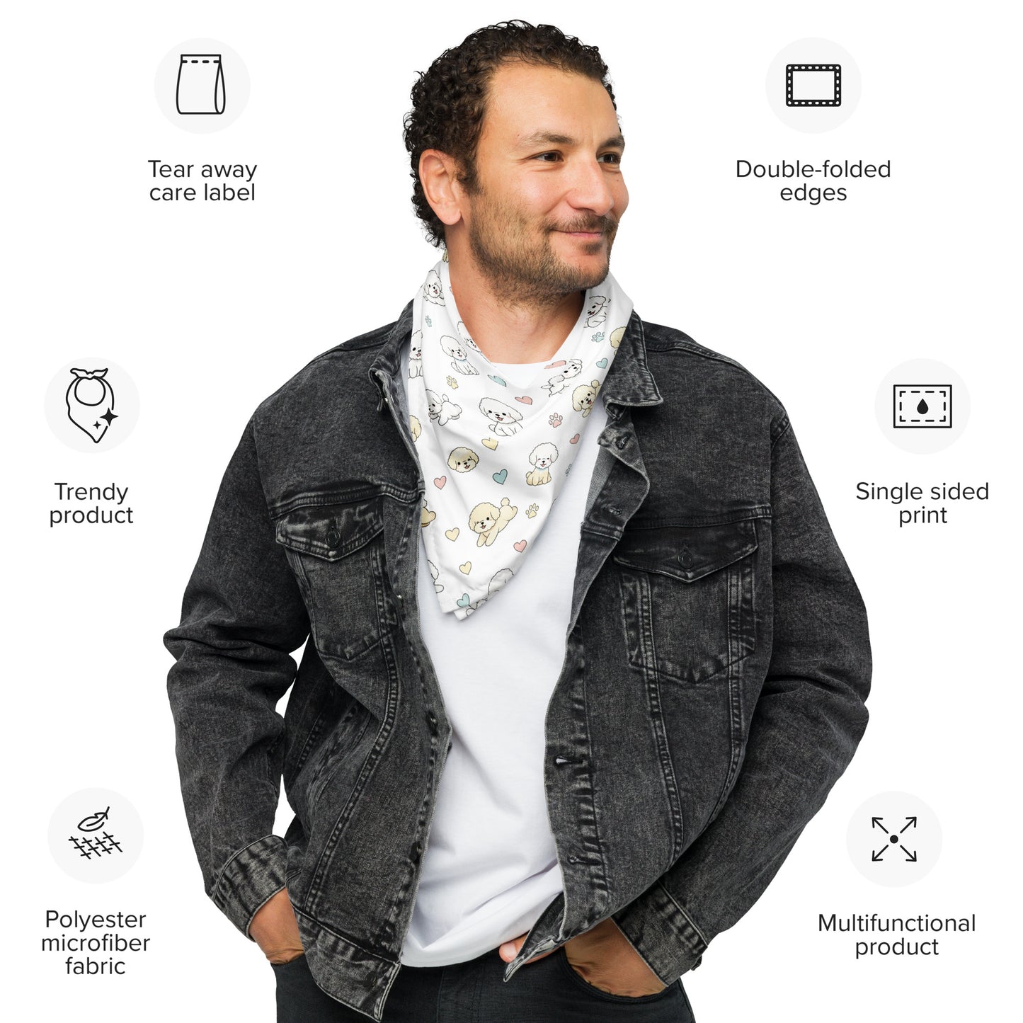 Man wearing a denim jacket and patterned scarf with product features highlighted on a white background