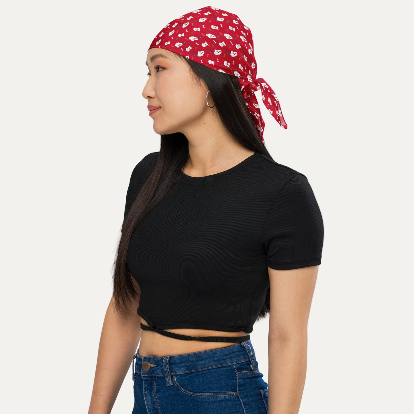 Woman wearing red Bichon Frise bandana with cute dog and paw print pattern – Fun Factory Frise accessory