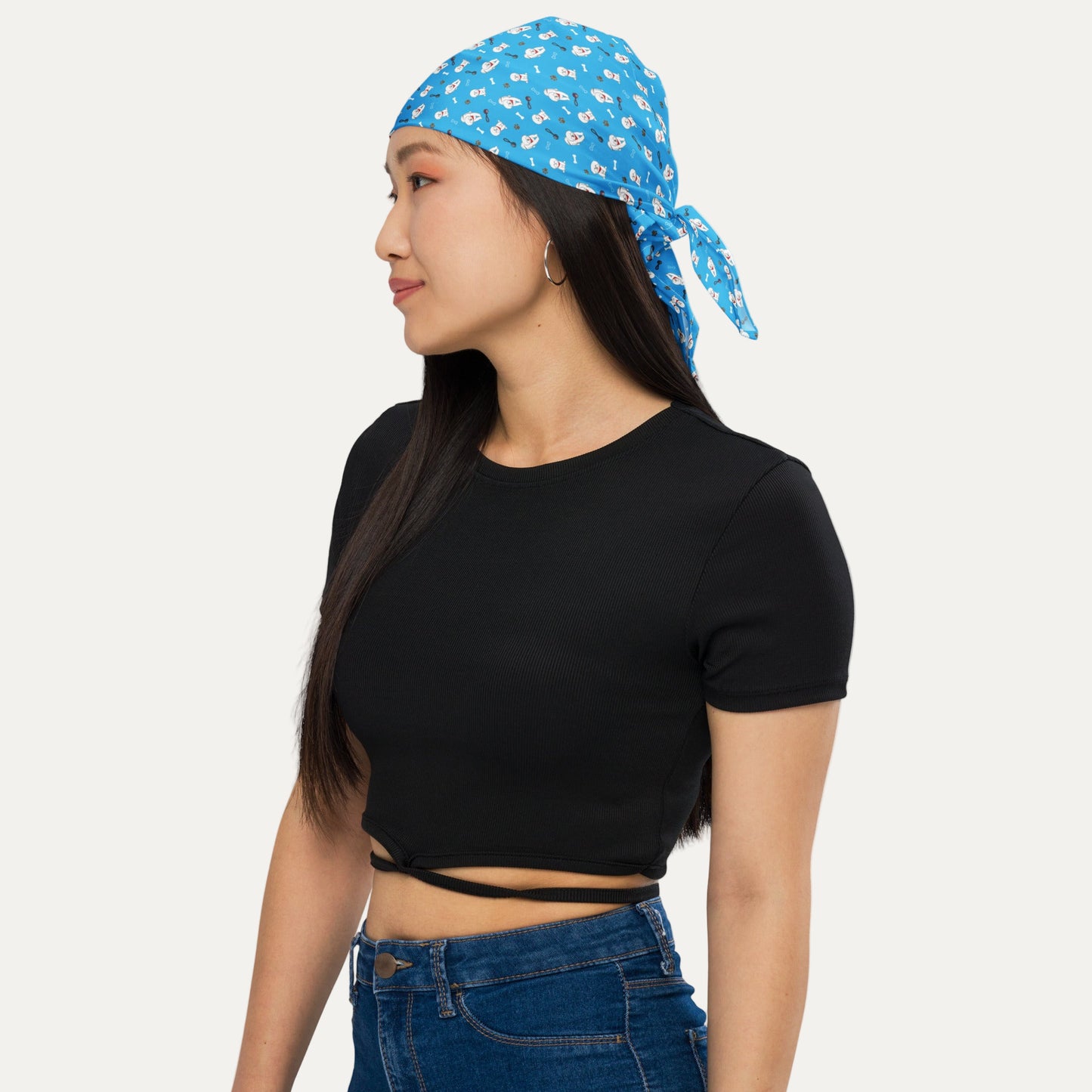 Woman wearing blue Bichon Frise patterned bandana on head – Fun Dog Lover Accessory