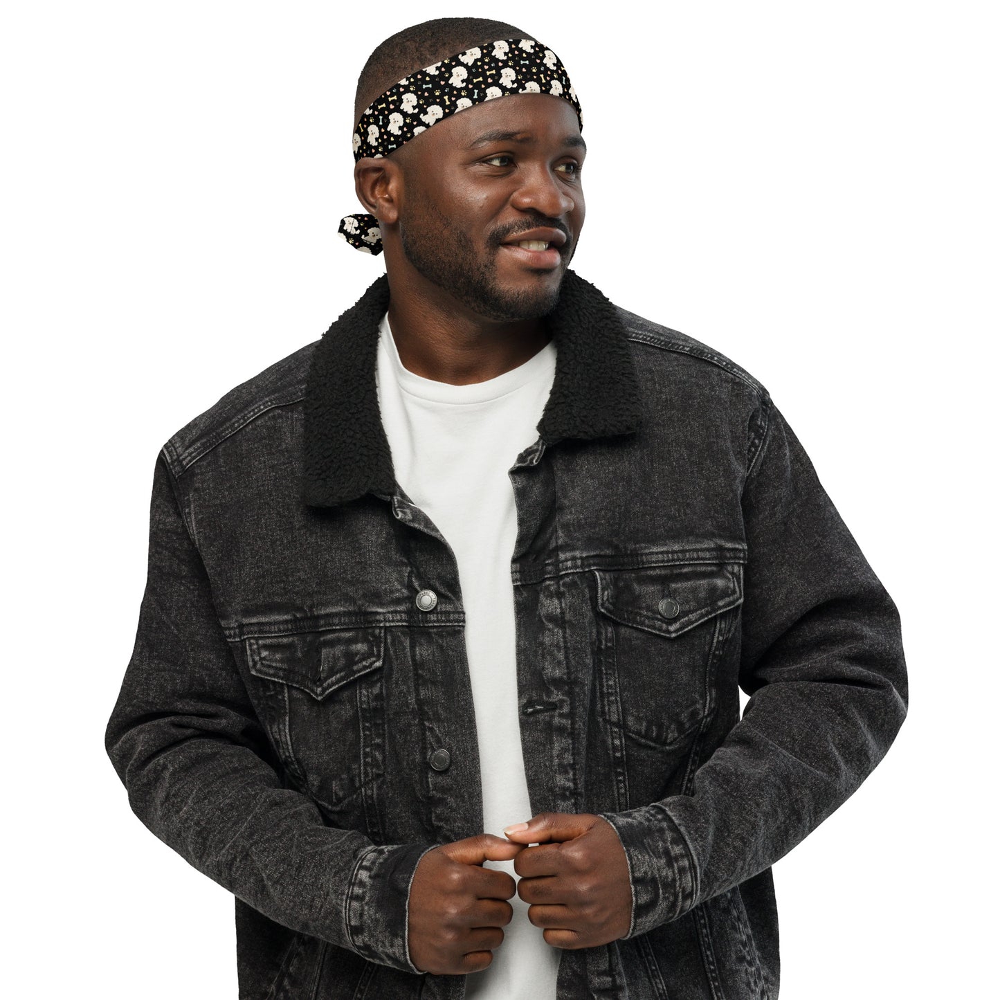 Man wearing black Bichon Frise print bandana as headband – stylish dog lover accessory by Fun Factory Frise