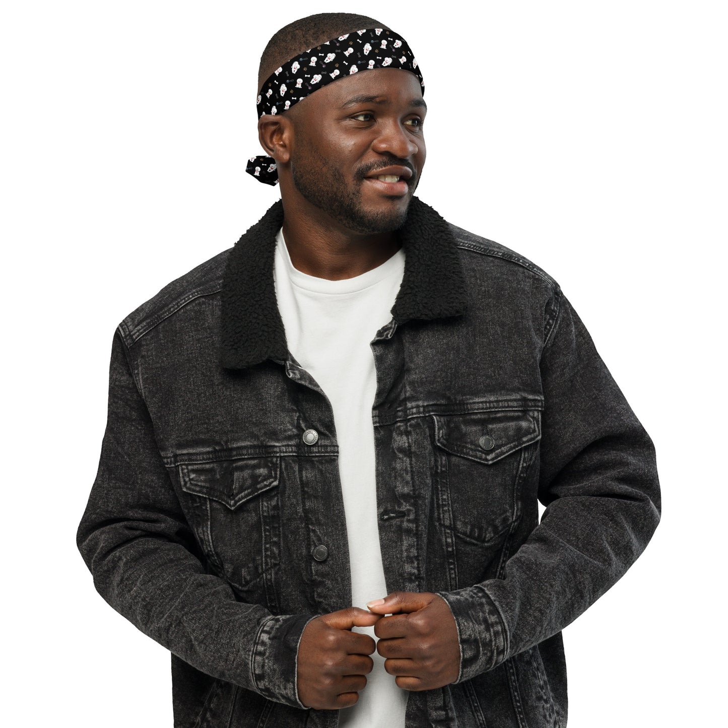 Man wearing black Bichon Frise bandana as headband – stylish dog lover accessory by Fun Factory Frise