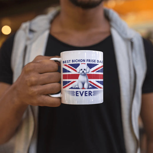 "Best Bichon Frise Dad Ever" English Flag-White glossy mug for Bichon Frise dog owners