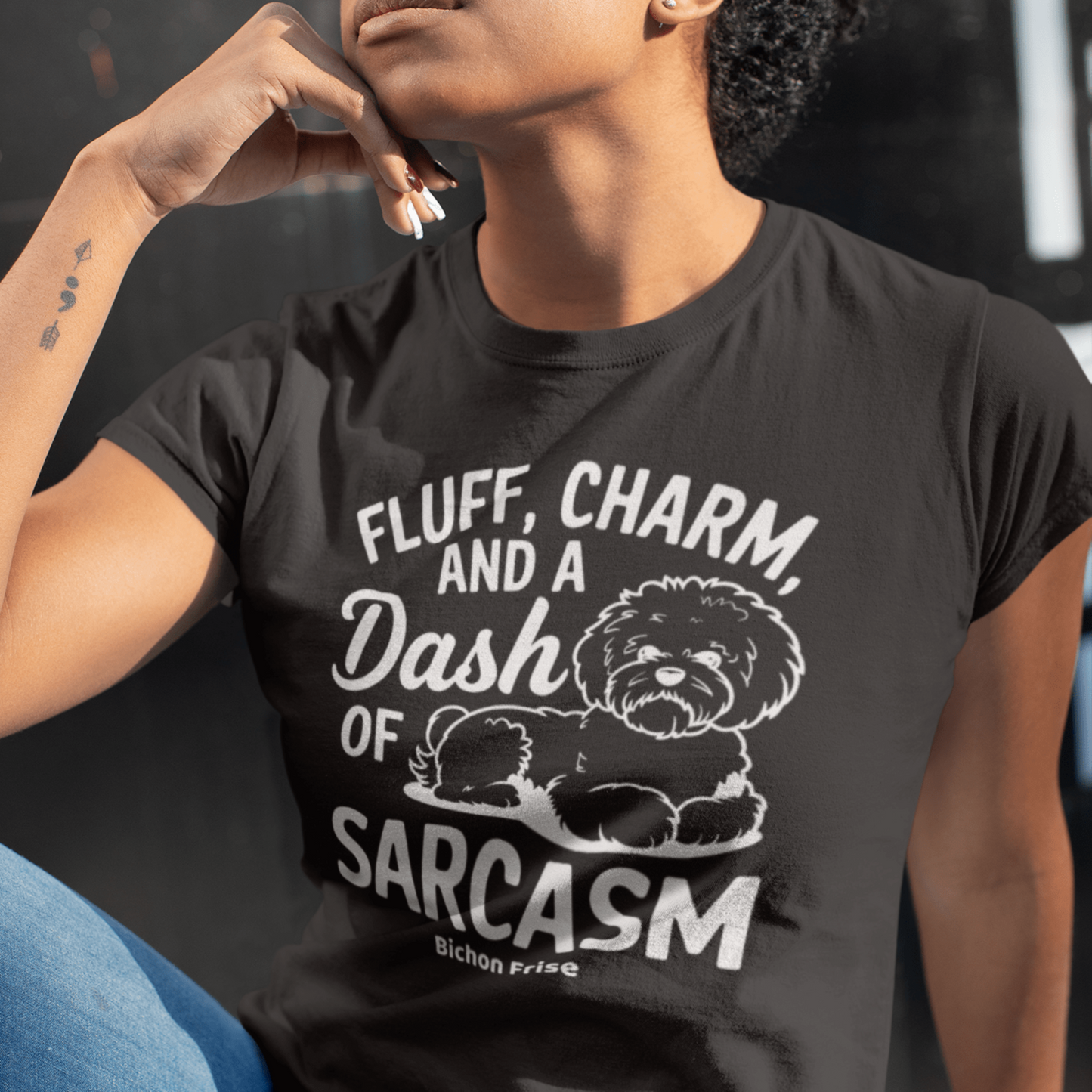 "Fluff Charm And A Dash Of Sarcasm unisex Bichon Frise t-shirt with white sarcastic text and cute dog illustration, stylish patterned design perfect for Bichon dog owners and dog lovers, soft casual tee."
