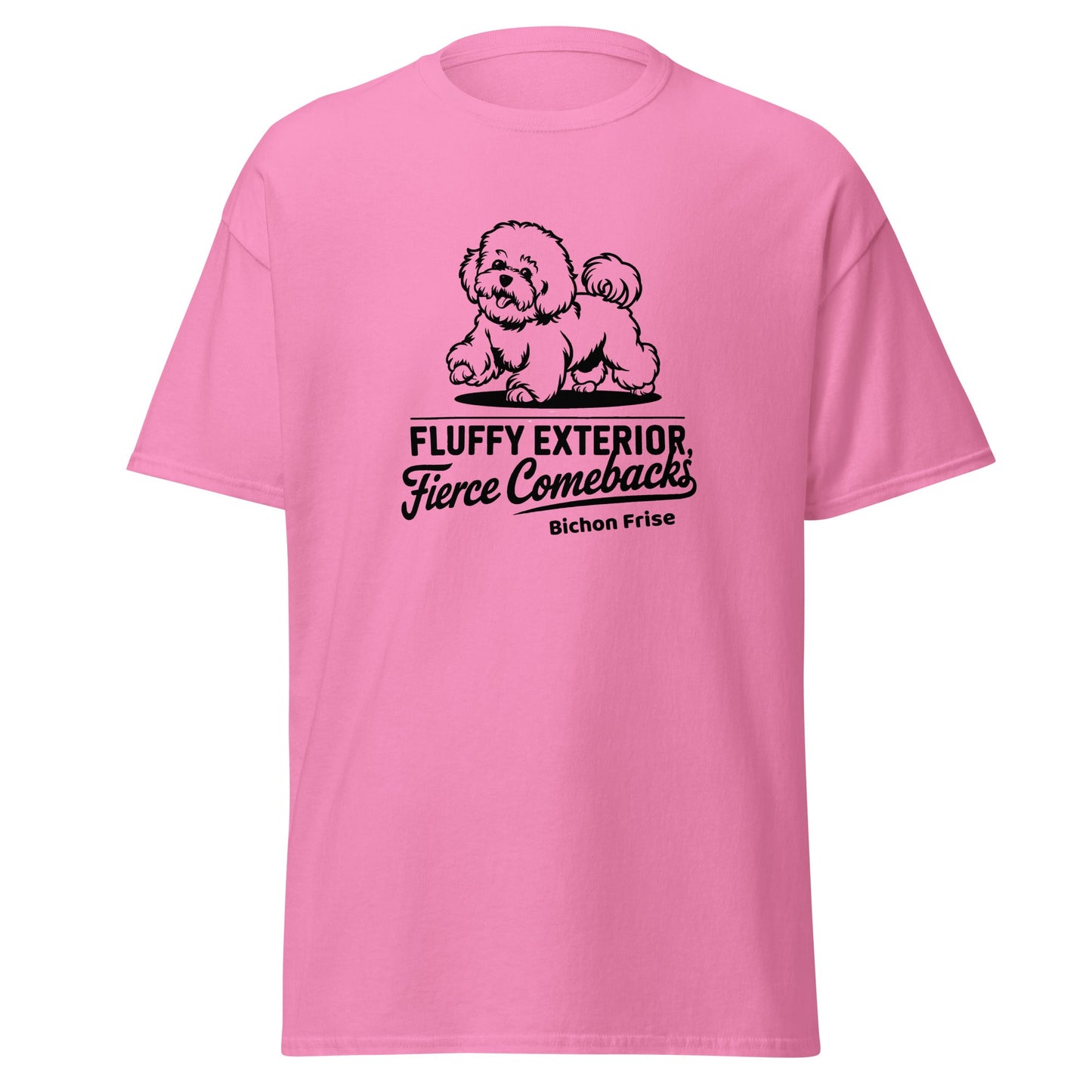 "Unisex white t-shirt featuring a black sketch of a Bichon Frise and the sarcastic quote 'Fluffy Exterior, Fierce Comebacks' – perfect for dog lovers with attitude. Stylish black dog design for pet owners and Bichon fans."