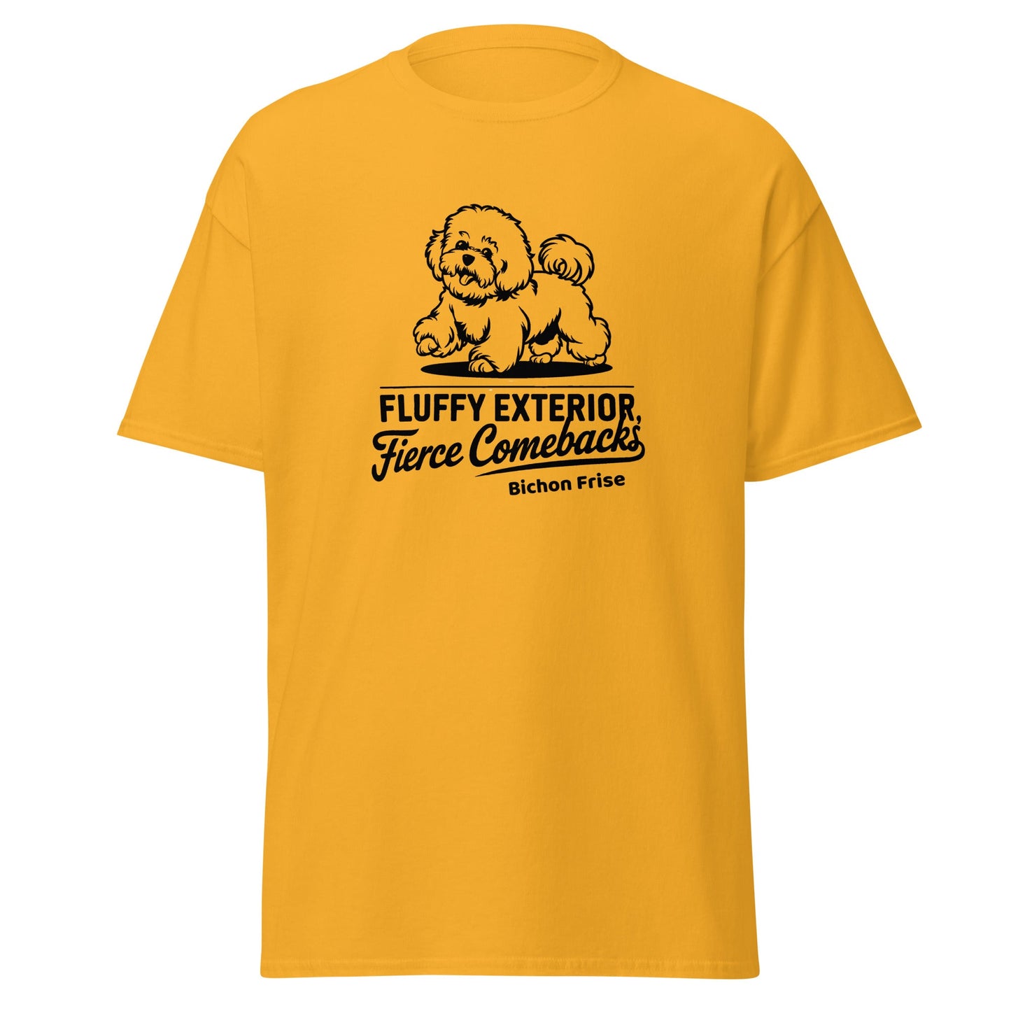"Unisex white t-shirt featuring a black sketch of a Bichon Frise and the sarcastic quote 'Fluffy Exterior, Fierce Comebacks' – perfect for dog lovers with attitude. Stylish black dog design for pet owners and Bichon fans."