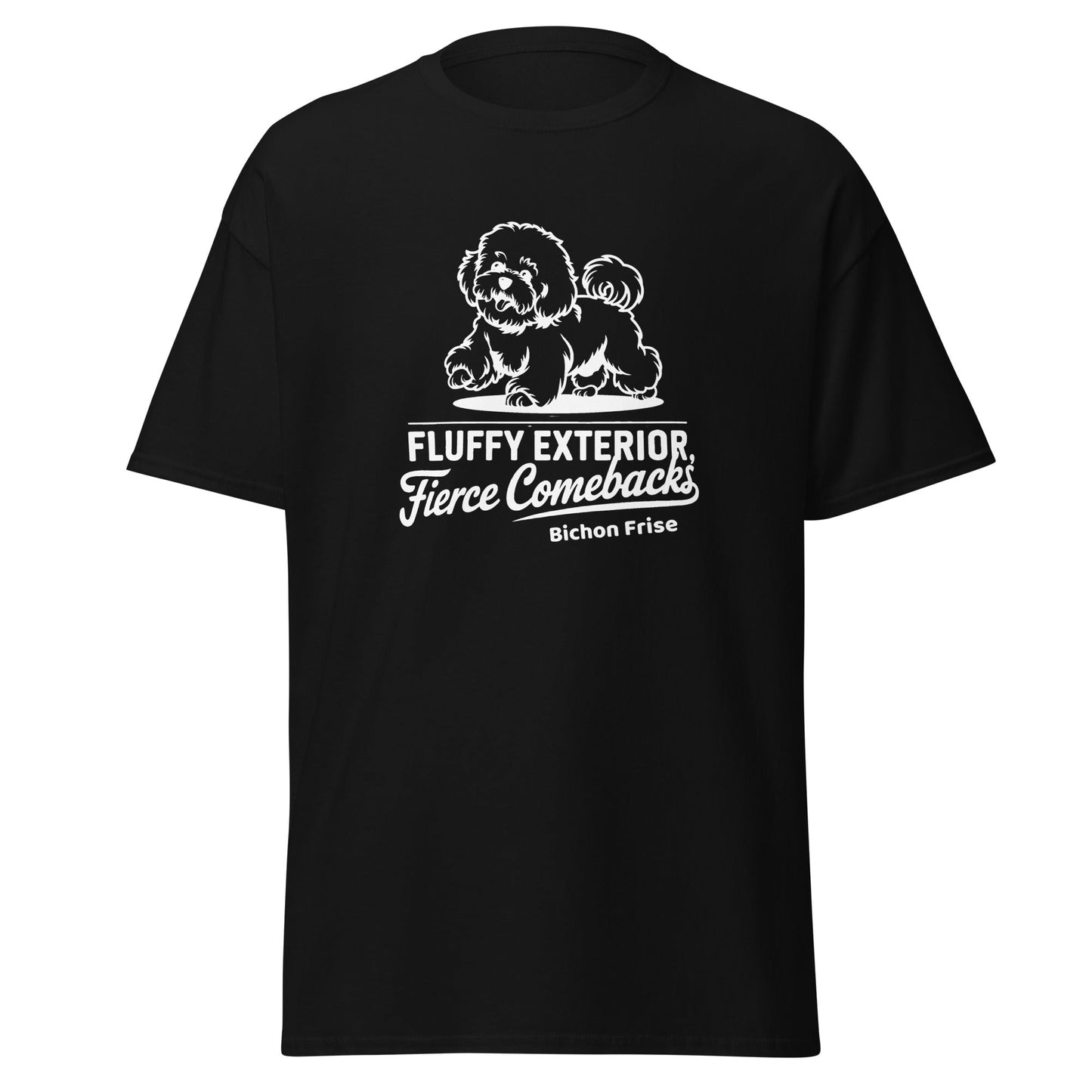 "Unisex white T-shirt with a cute Bichon Frise dog illustration and sarcastic white text 'Fluffy Exterior, Fierce Comebacks'. Unique dog-themed design perfect for Bichon owners and dog lovers. Stylish and witty casual wear."