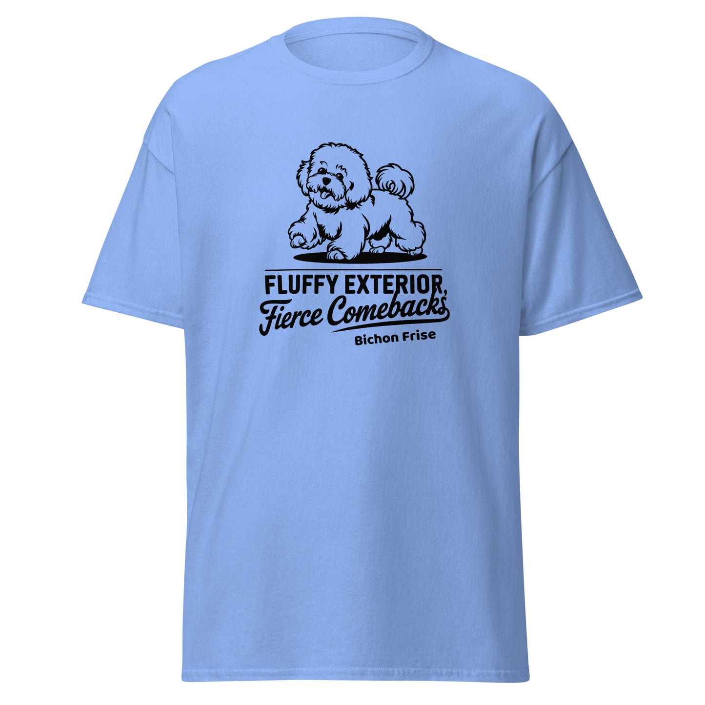 "Unisex white t-shirt featuring a black sketch of a Bichon Frise and the sarcastic quote 'Fluffy Exterior, Fierce Comebacks' – perfect for dog lovers with attitude. Stylish black dog design for pet owners and Bichon fans."