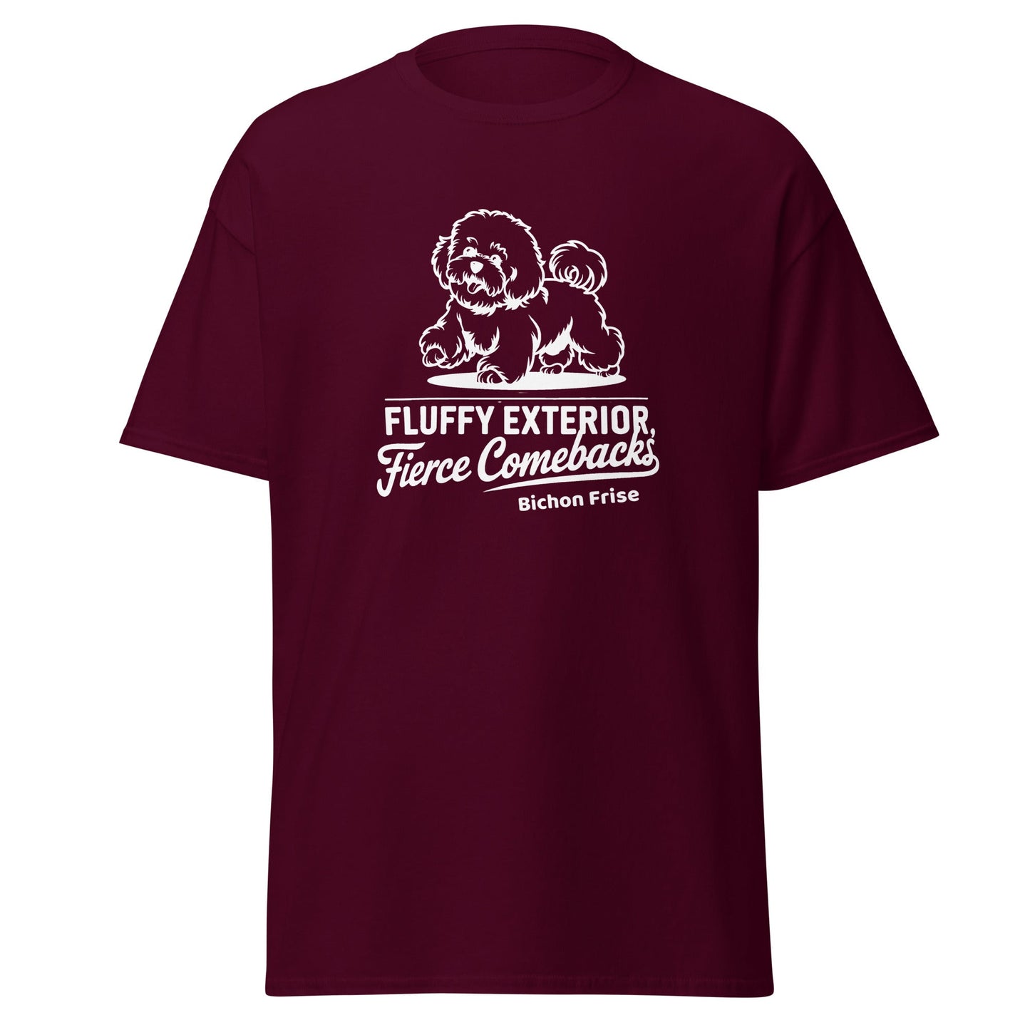 "Unisex white T-shirt with a cute Bichon Frise dog illustration and sarcastic white text 'Fluffy Exterior, Fierce Comebacks'. Unique dog-themed design perfect for Bichon owners and dog lovers. Stylish and witty casual wear."