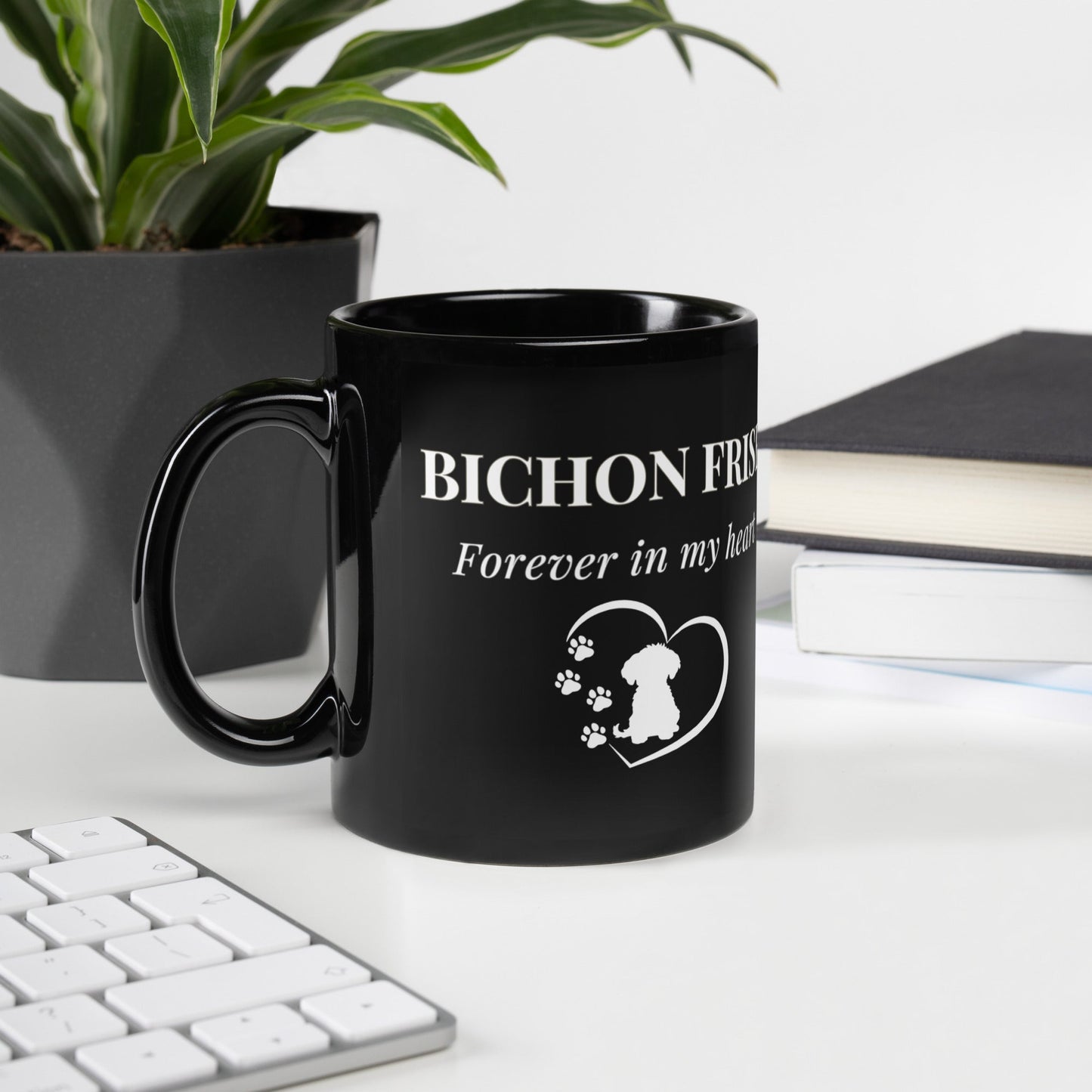 “Forever In My Heart” black glossy mug with white lettering and heart design, perfect Valentine's Day gift for Bichon Frise dog lovers or anyone who cherishes dogs and love – unique, romantic, and stylish ceramic cup.