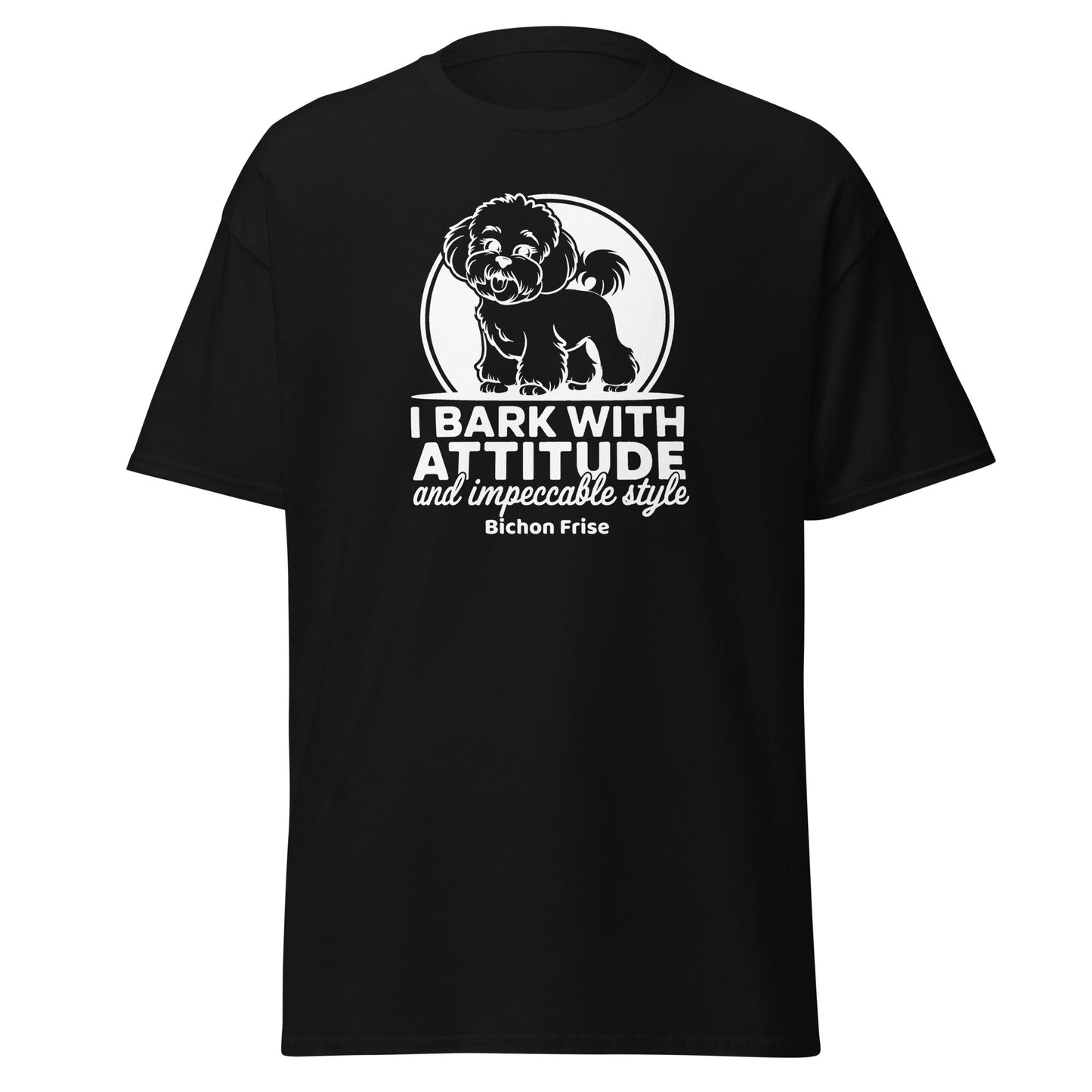 “Funny unisex t-shirt with white sarcastic quote ‘I Bark With Attitude And Impeccable Style’, featuring a white Bichon Frise dog illustration, perfect for Bichon Frise lovers and friends.”