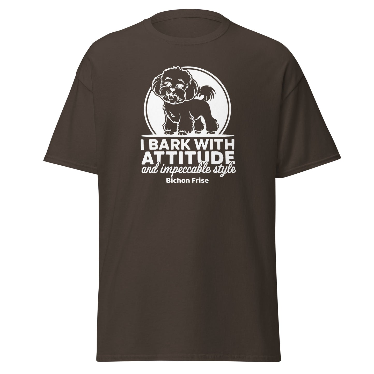 “Funny unisex t-shirt with white sarcastic quote ‘I Bark With Attitude And Impeccable Style’, featuring a white Bichon Frise dog illustration, perfect for Bichon Frise lovers and friends.”