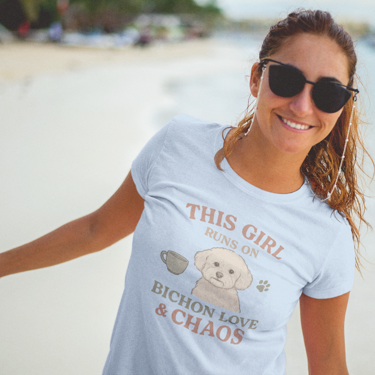 This Girl Runs on Bichon Love & Chaos – Funny Dog Mom T-Shirt for Women