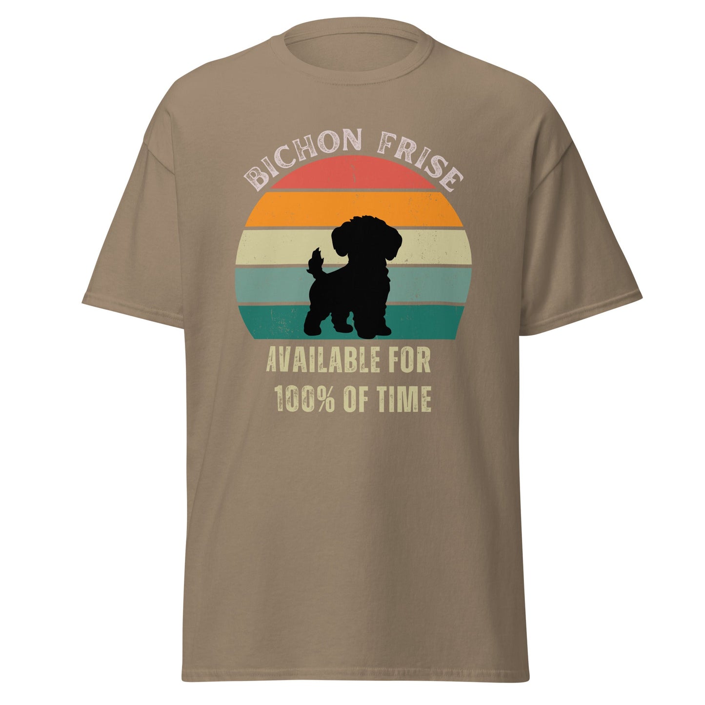"Funny unisex t-shirt for dog owners with the text 'Available For 100% Of Time' printed on the front – humorous pet lover apparel"