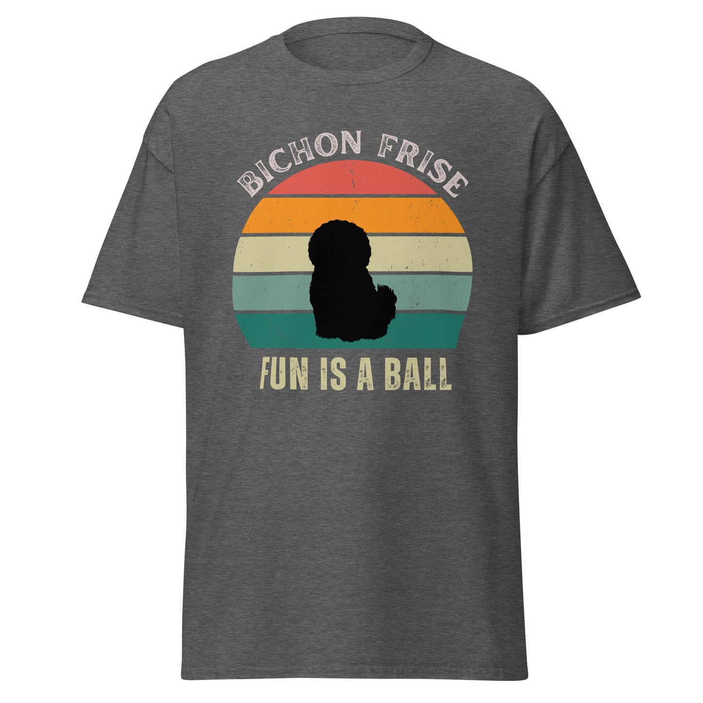 "Colorful unisex t-shirt with playful 'Bichon Frise Fun Is A Ball' text and graphic design, perfect for proud Bichon Frise dog owners – funny and stylish pet lover apparel."