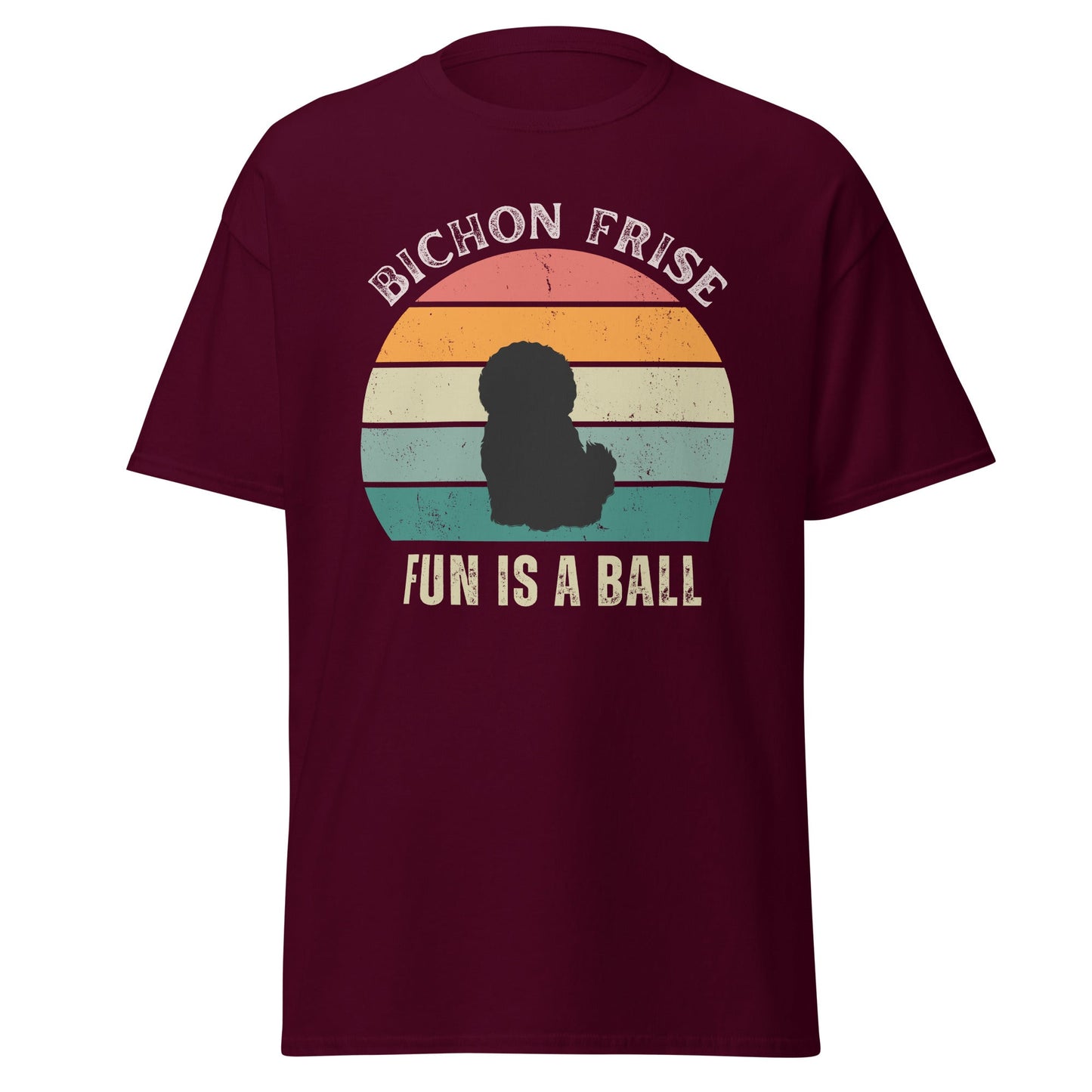 "Colorful unisex t-shirt with playful 'Bichon Frise Fun Is A Ball' text and graphic design, perfect for proud Bichon Frise dog owners – funny and stylish pet lover apparel."
