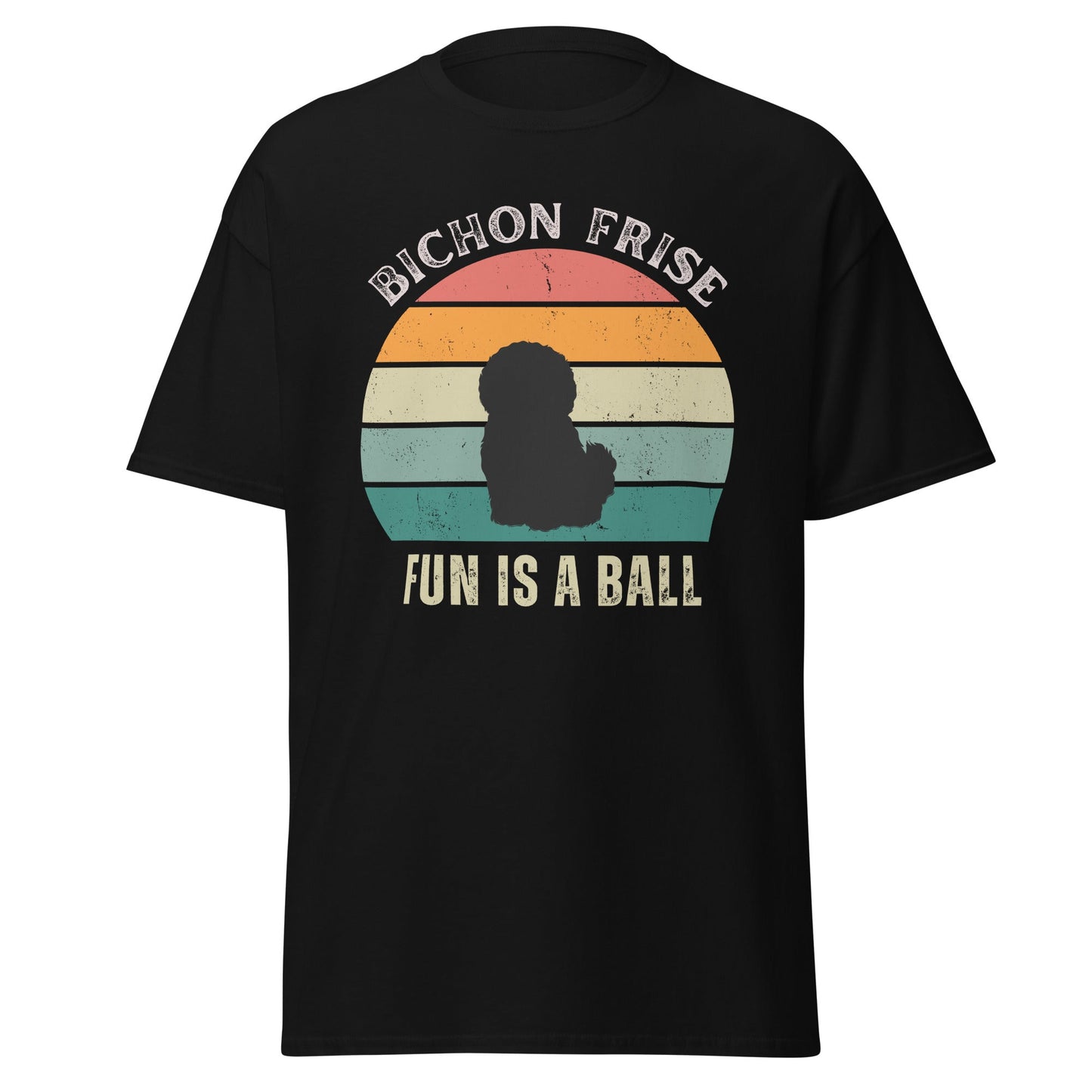 "Colorful unisex t-shirt with playful 'Bichon Frise Fun Is A Ball' text and graphic design, perfect for proud Bichon Frise dog owners – funny and stylish pet lover apparel."