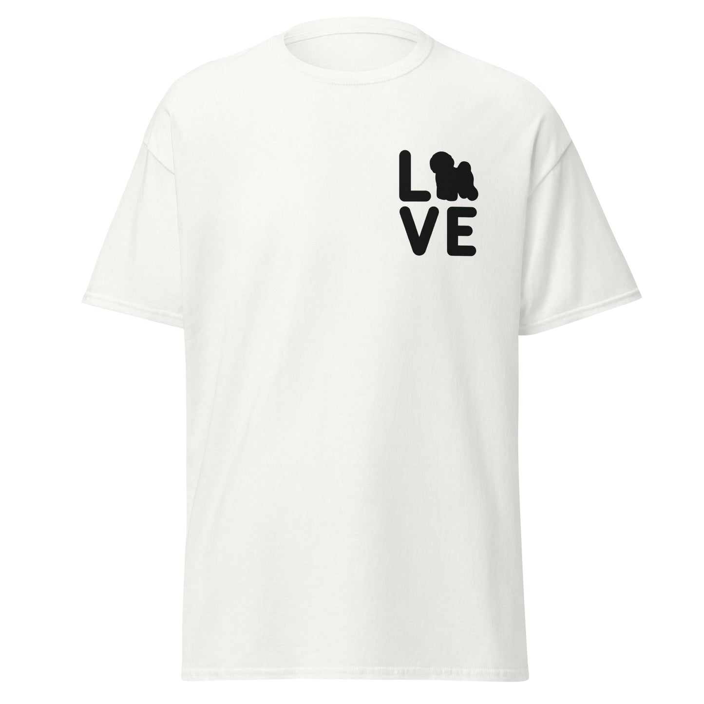 “Unisex black-lettered 'Bichon Frise Love' T-shirt – romantic Valentine's Day gift for Bichon Frise dog lovers and owners, festive and stylish design for any dog enthusiast.”