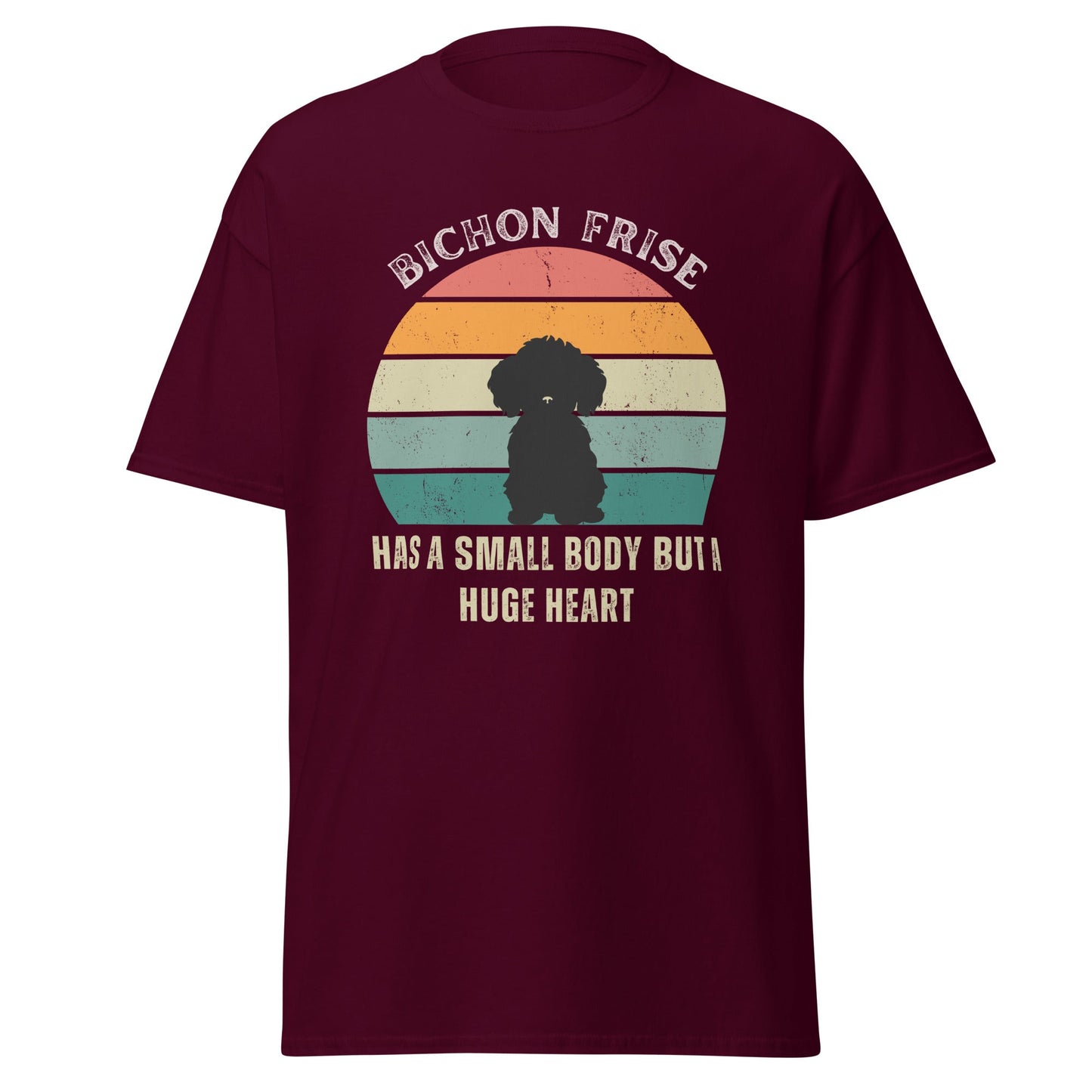 "Colorful unisex T-shirt featuring a cute black dog illustration with the quote 'Has a small body but a huge heart' – perfect for dog lovers, including but not limited to Bichon Frise fans; ideal for both men and women."