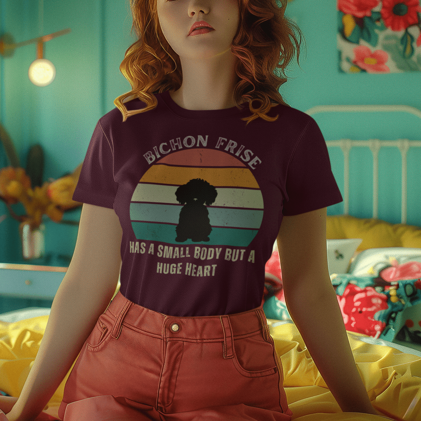 "Colorful unisex T-shirt featuring a cute black dog illustration with the quote 'Has a small body but a huge heart' – perfect for dog lovers, including but not limited to Bichon Frise fans; ideal for both men and women."