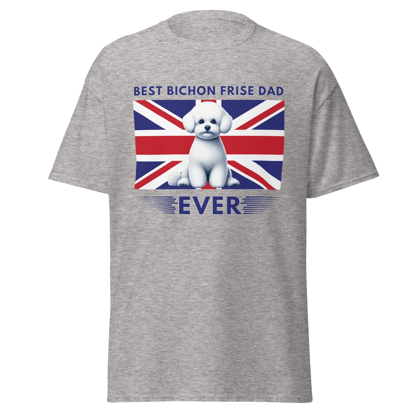 Unisex Bichon Frise T-Shirt for Dog Owners:"Best Bichon Frise Dad Ever" english flag