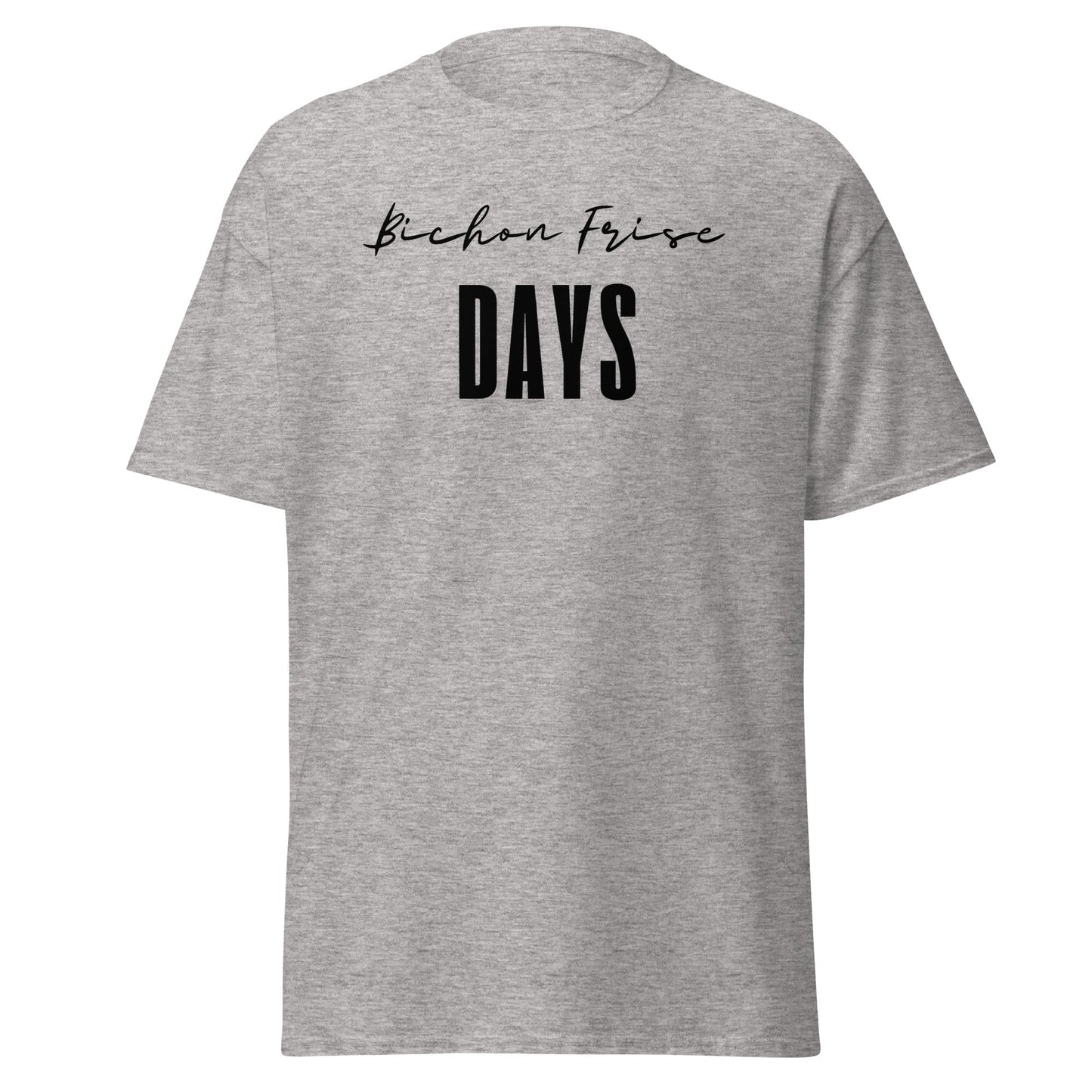 "Funny 'Bichon Frise Days' unisex black text T-shirt for Bichon Frise dog owners – festive and unique design perfect for pet lovers."