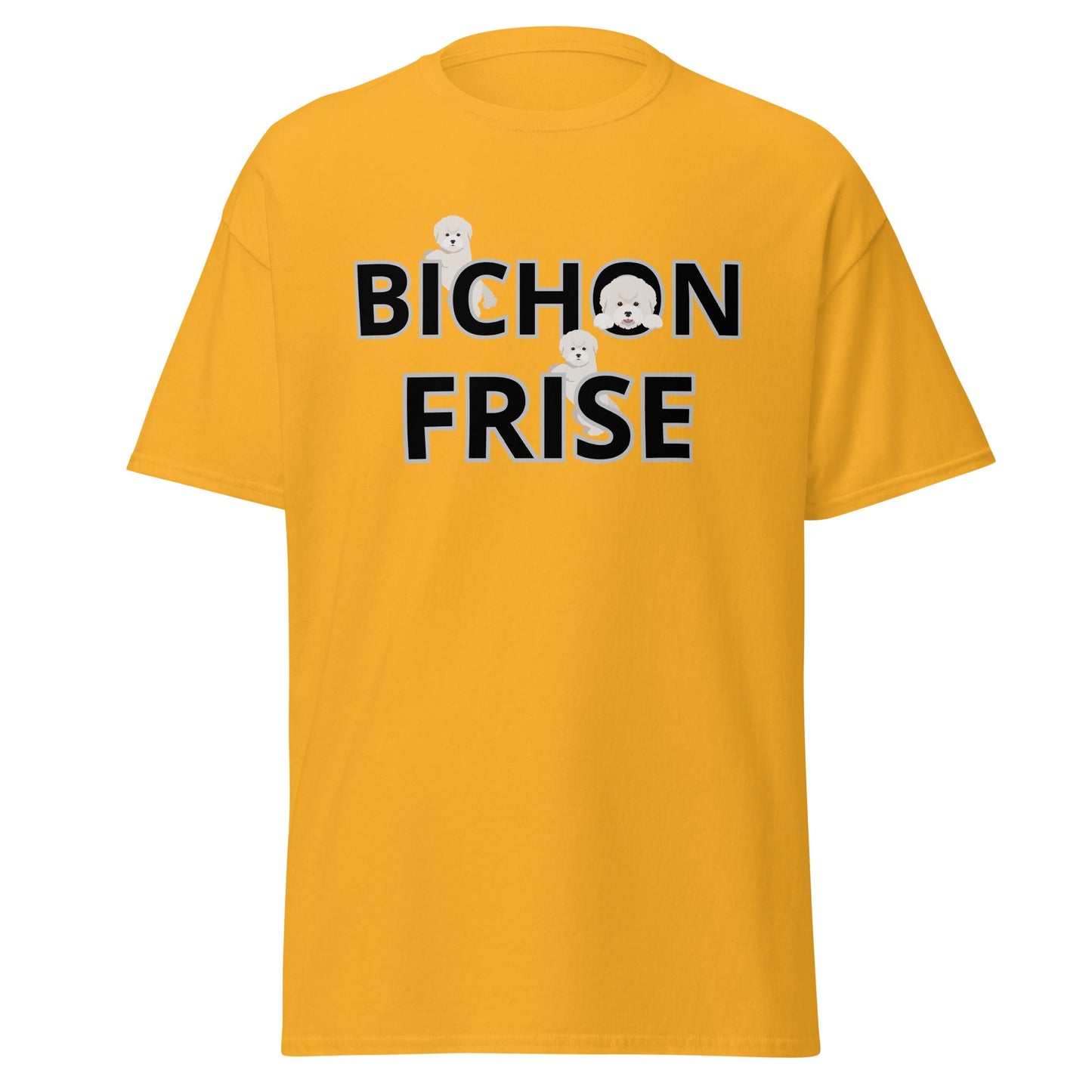 "Unisex Bichon Frise T-shirt with happy dog illustration and playful text – unique gift for Bichon Frise lovers and dog enthusiasts"