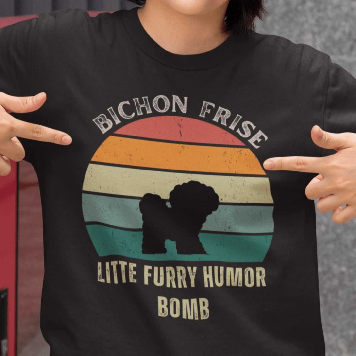 Unisex Bichon Frise T-Shirt for Dog Owners:"Litte Furry Humor Bomb"