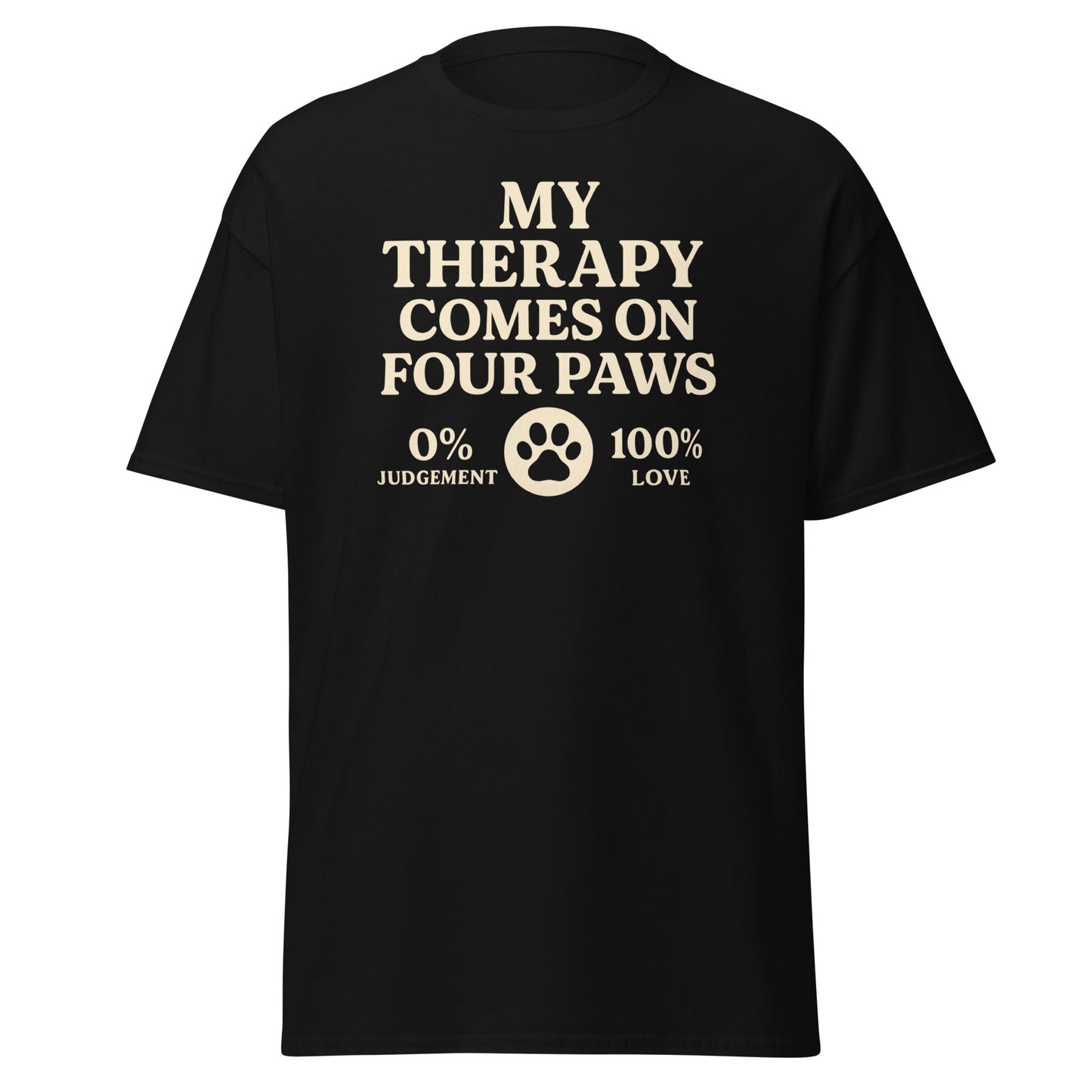 Cream retro-style text that reads “My Therapy Comes on Four Paws – 0% Judgement, 100% Love” on a unisex t-shirt for Bichon Frise lovers.