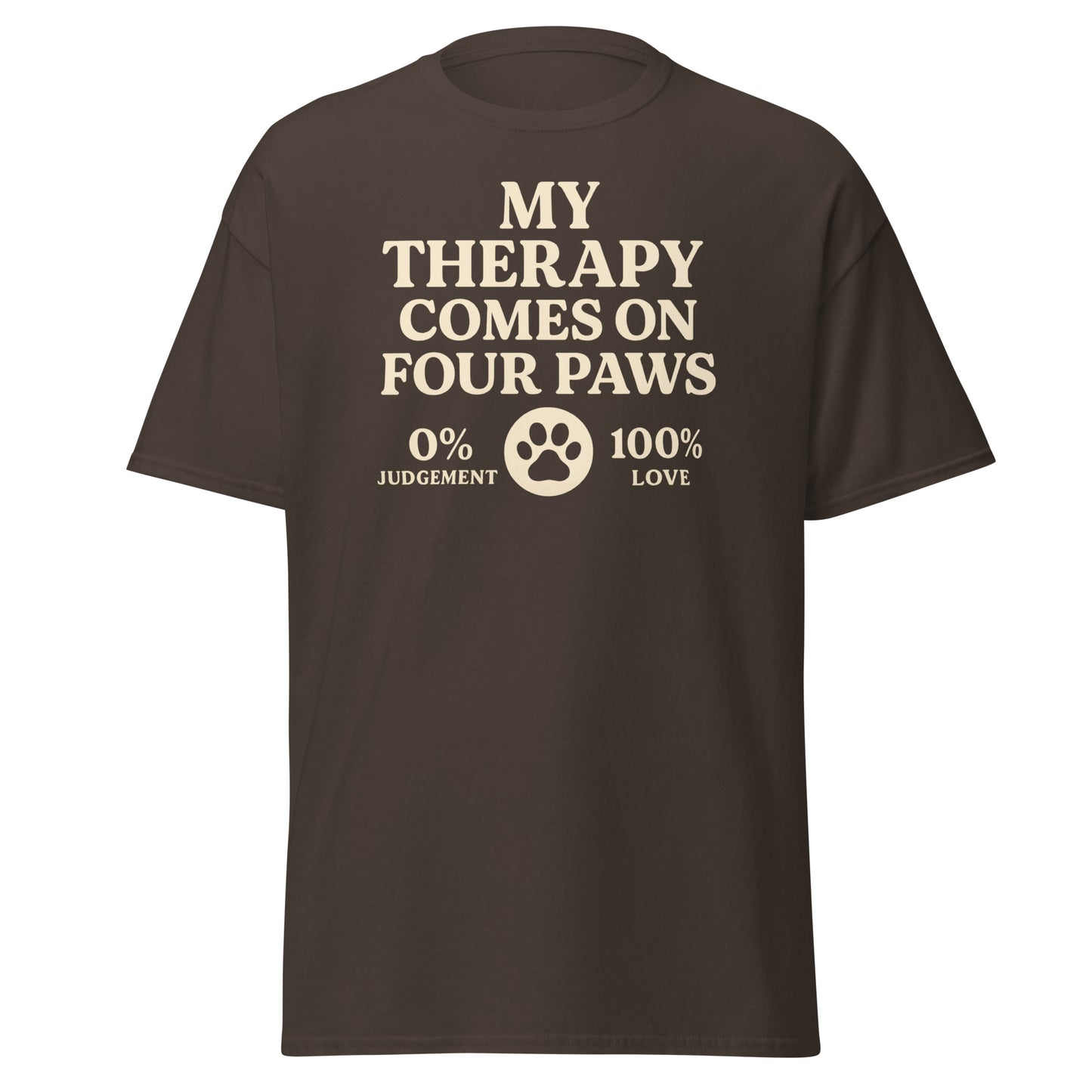Cream retro-style text that reads “My Therapy Comes on Four Paws – 0% Judgement, 100% Love” on a unisex t-shirt for Bichon Frise lovers.