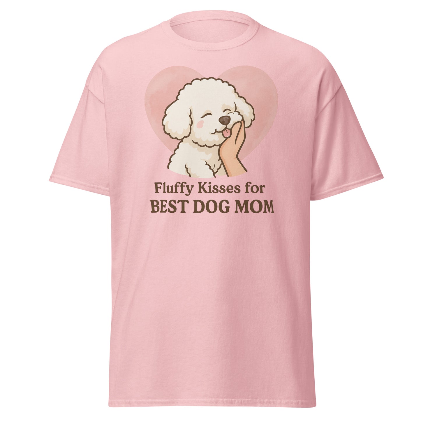 Bichon Frise dog giving kisses with “Fluffy Kisses for the Best Dog Mom” quote on a cute light pink t-shirt – perfect gift for dog moms and pet lovers