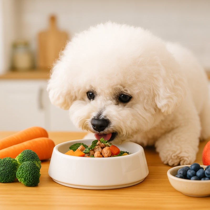 Fluffy Bichon Frise dog eating a bowl of healthy food with carrots, broccoli, and blueberries on a wooden kitchen table