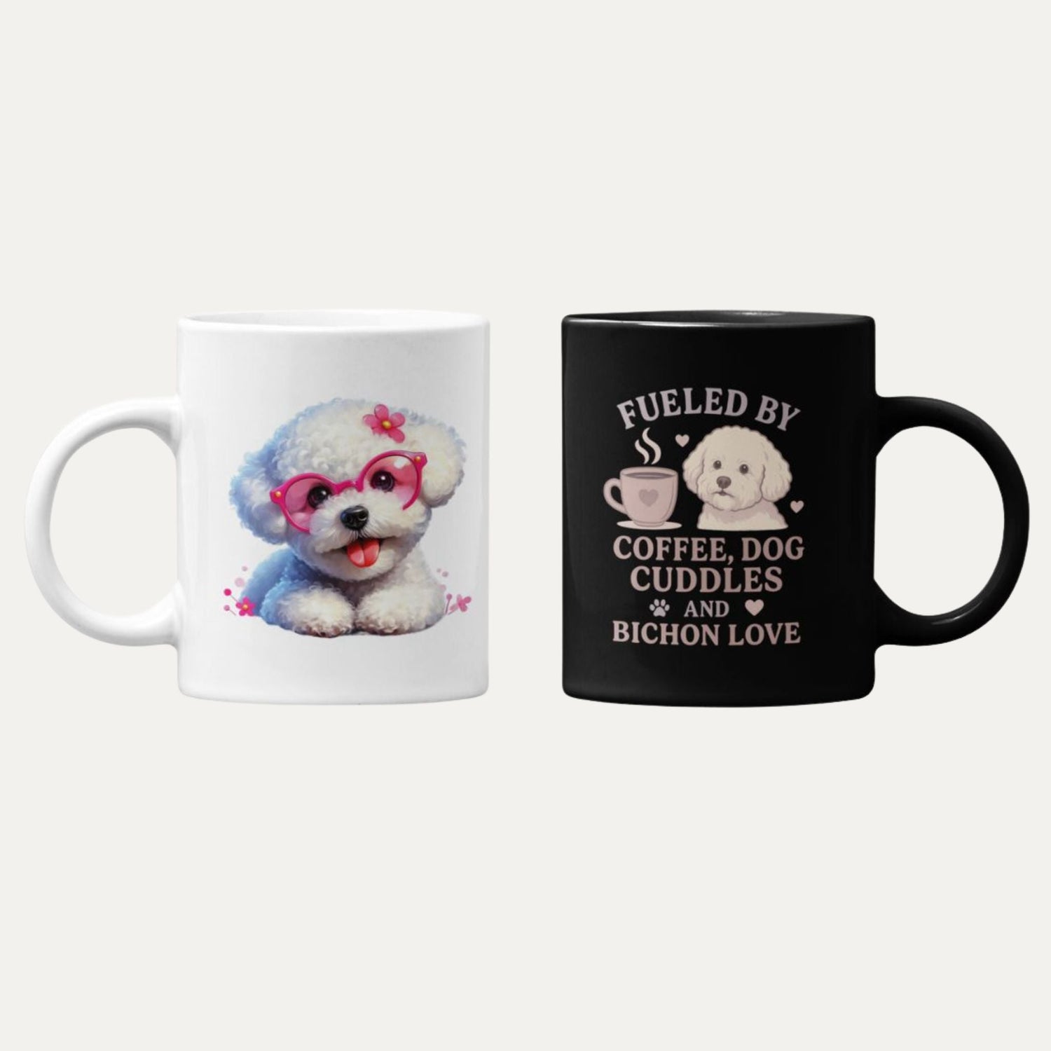 Smiling woman holding a Bichon Frise mug next to her fluffy white dog – cute coffee cup gift for dog lovers