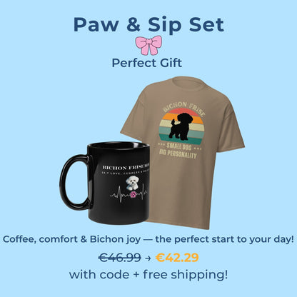 Paw & Sip Set – Bichon Frise T-shirt and mug bundle for dog lovers. Multiple funny and coffee-themed designs available, perfect as a gift with 10% off and free worldwide shipping.