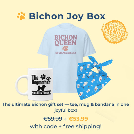 Bichon Joy Box – Bichon Frise gift bundle including a T-shirt, mug, and bandana. Multiple funny, cute, and heartwarming designs available, perfect for Bichon lovers and dog parents. 10% off with free worldwide shipping.