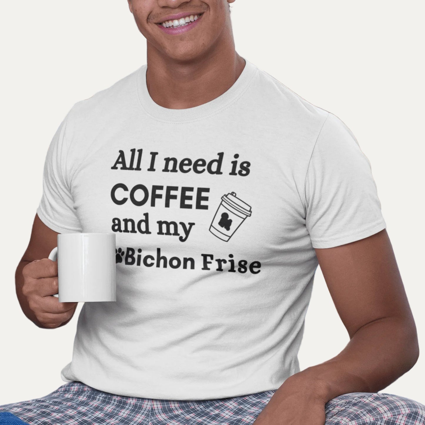 Black unisex T-shirt with "All I need is coffee and my Bichon" design – perfect for Bichon Frise dog owners and coffee lovers.