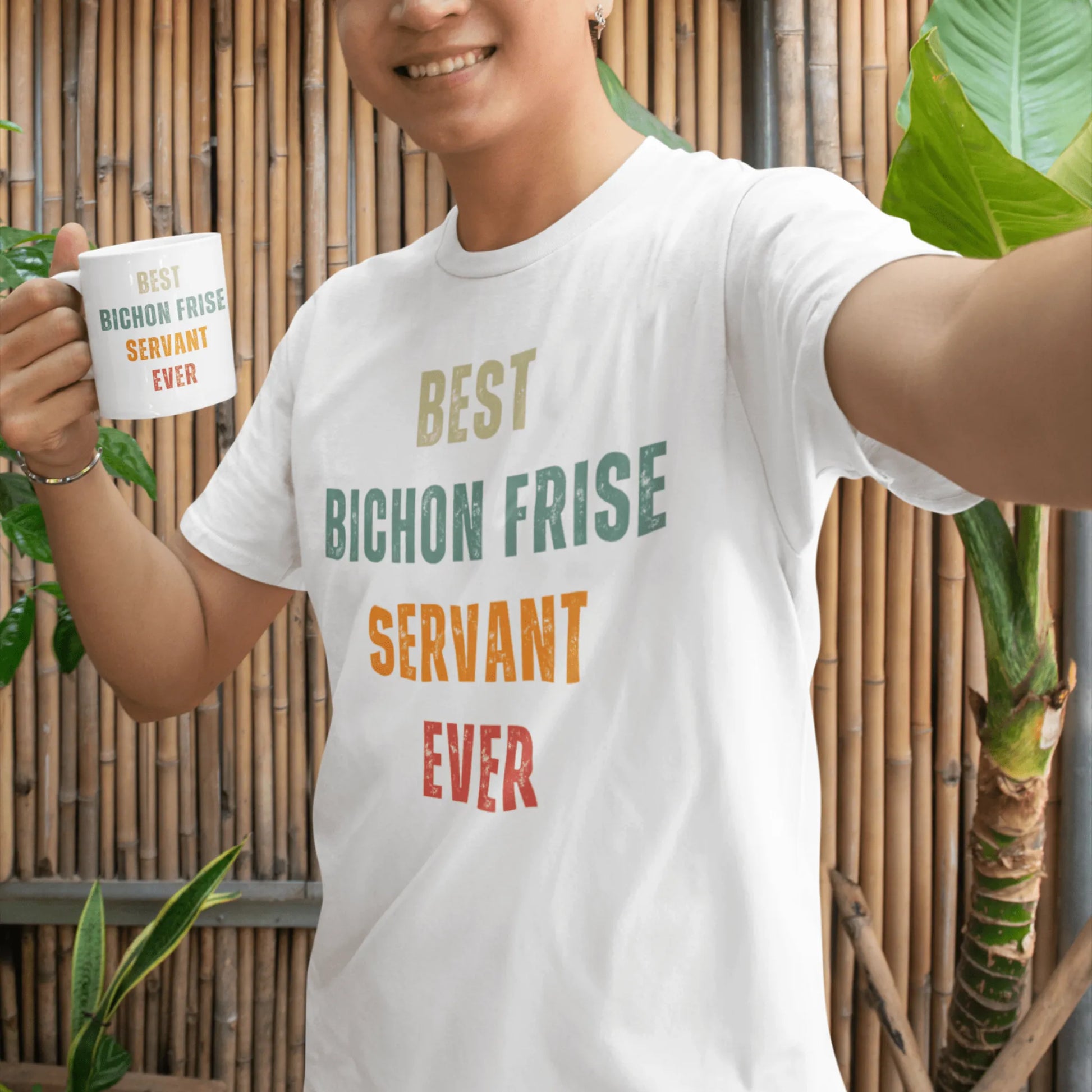 "White glossy mug with colorful 'Best Bichon Frise Servant Ever' text – perfect gift for Bichon Frise dog lovers"