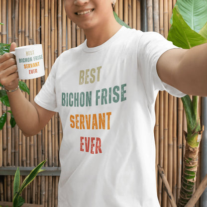 "White glossy mug with colorful 'Best Bichon Frise Servant Ever' text – perfect gift for Bichon Frise dog lovers"