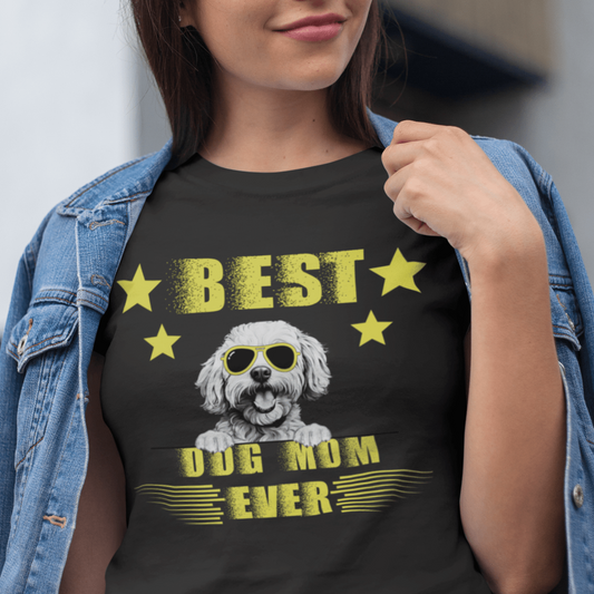 "Unisex 'Best Dog Mom Ever' T-shirt featuring a cool Bichon Frise dog wearing sunglasses – perfect Mother's Day gift for proud Bichon owners."