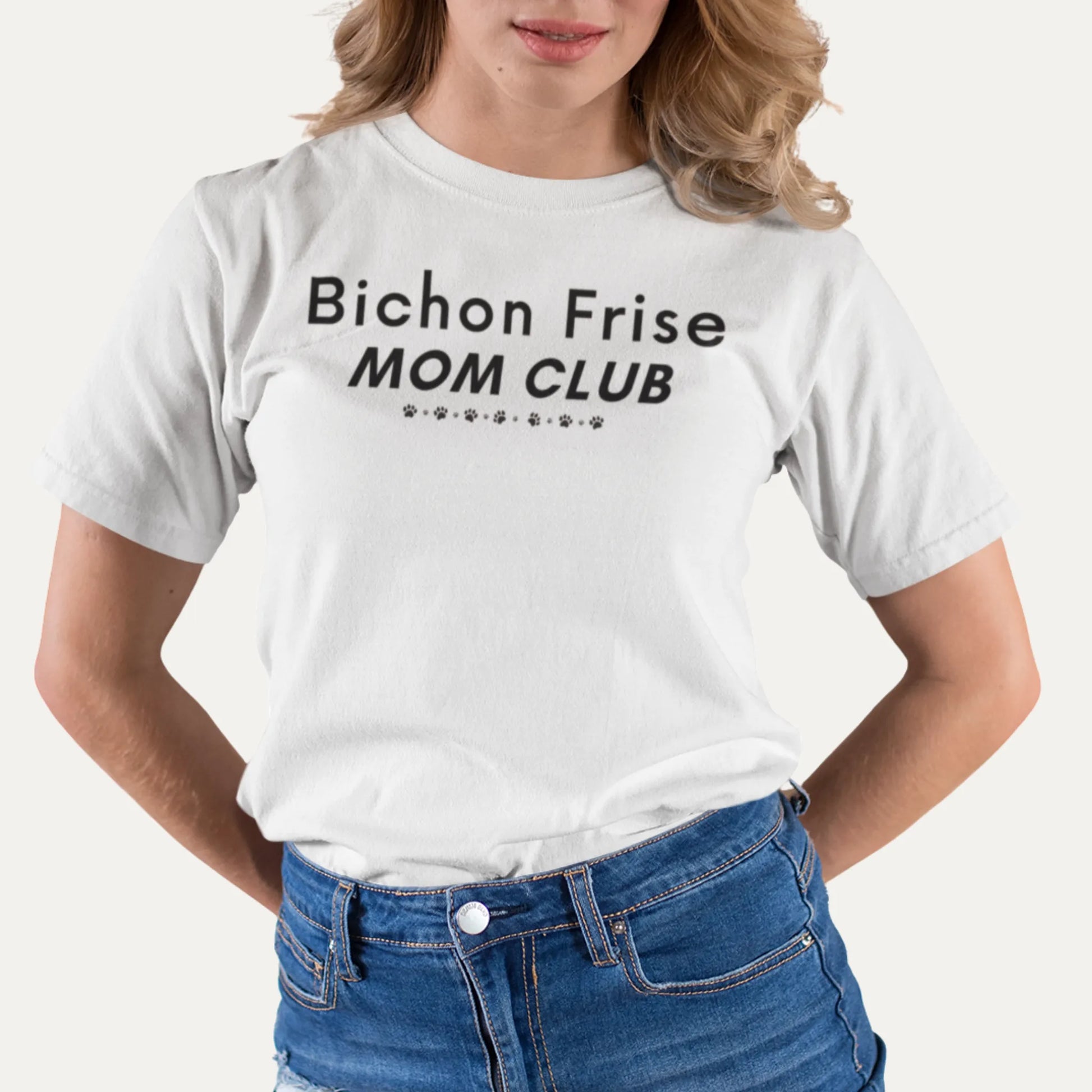 Funny "Bichon Frise Mom Club" black text unisex t-shirt – unique Mother's Day gift for dog lovers, perfect for proud Bichon Frise moms and pet owners who want a stylish, comfortable shirt celebrating their beloved furry friend.