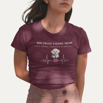 Person wearing a purple t-shirt with 'Bichon Frise Mom' text and dog illustration.