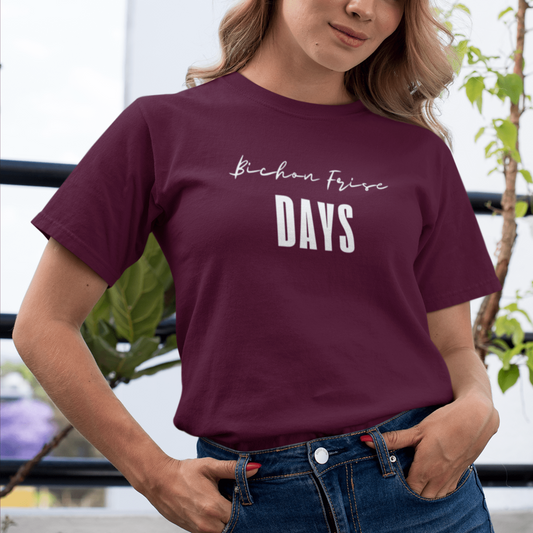 "Funny 'Bichon Frise Days' white graphic unisex t-shirt for dog lovers and Bichon Frise owners – festive gift idea for men and women who love their Bichon"