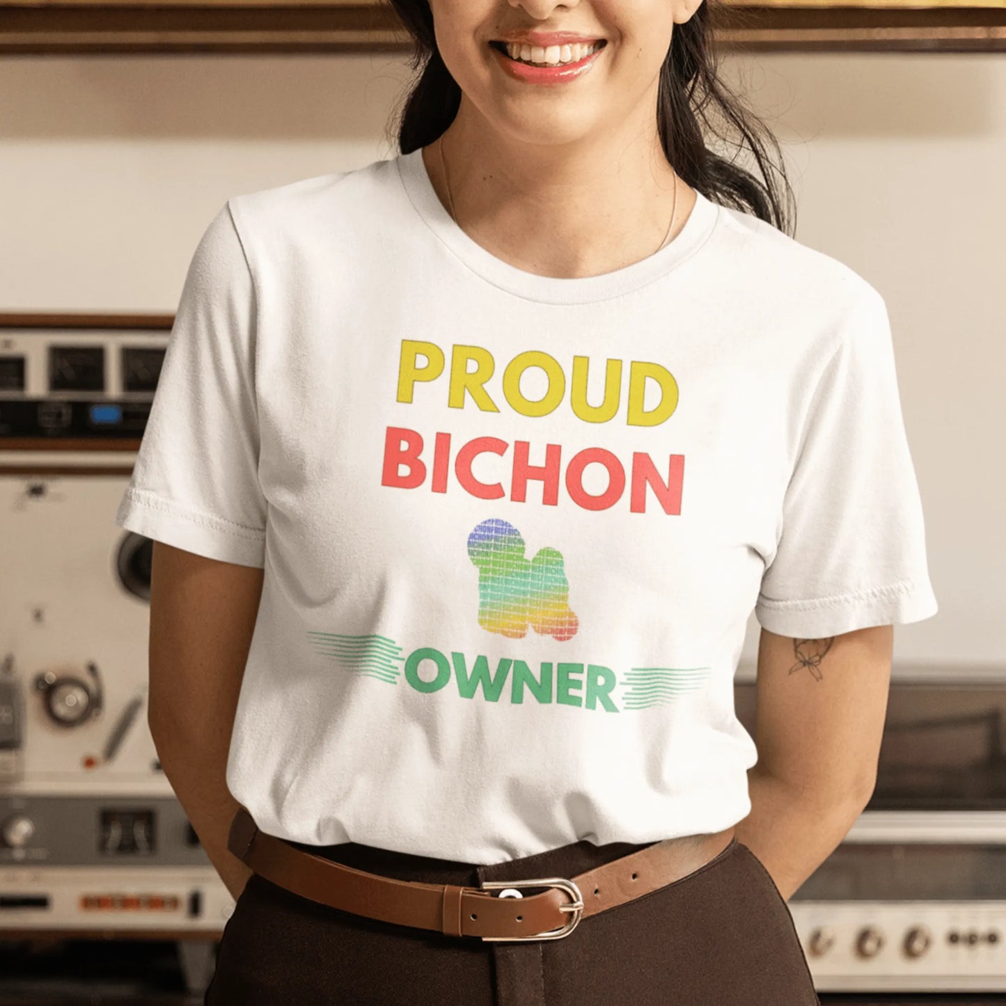 "Colorful and funny unisex Bichon Frise dog owner T-shirt – unique graphic tee for proud Bichon Frise lovers and pet parents."