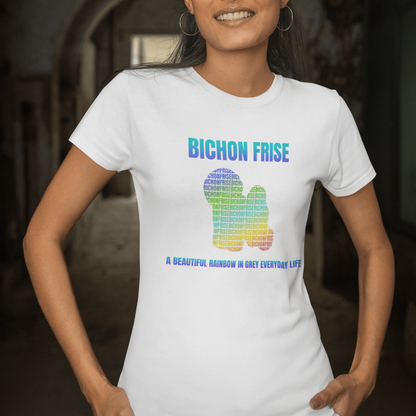 Unisex Bichon Frise T-shirt with "A Beautiful Rainbow in Grey Everyday Life" design – perfect for dog lovers and Bichon Frise owners.