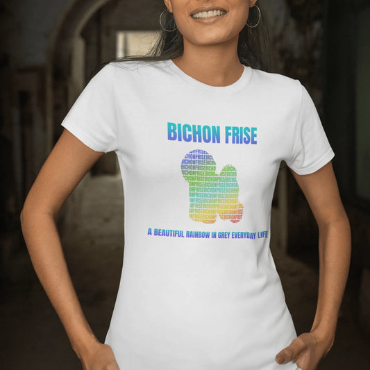 Unisex Bichon Frise T-shirt with "A Beautiful Rainbow in Grey Everyday Life" design – perfect for dog lovers and Bichon Frise owners.