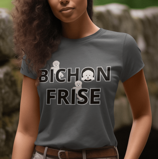 "Unisex Bichon Frise T-shirt with happy dog illustration and playful text – unique gift for Bichon Frise lovers and dog enthusiasts"