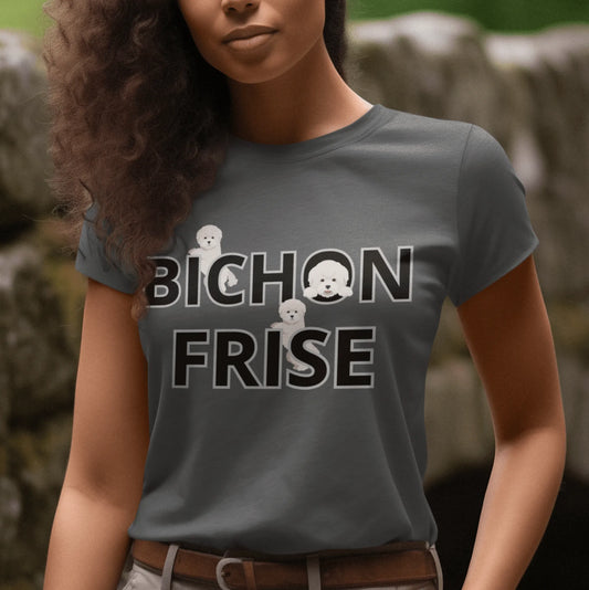 "Unisex Bichon Frise T-shirt with happy dog illustration and playful text – unique gift for Bichon Frise lovers and dog enthusiasts"