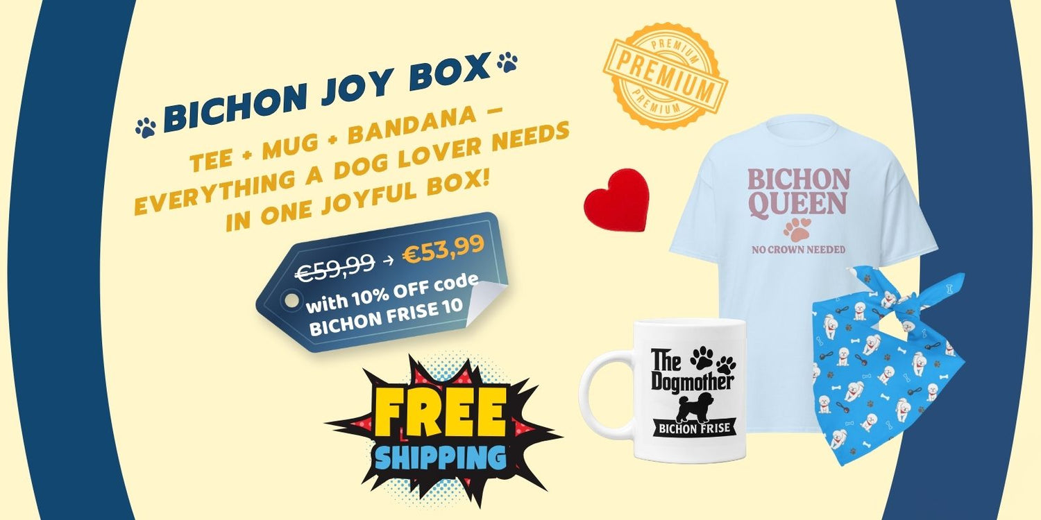 Bichon Joy Box – Bichon Frise gift bundle including a T-shirt, mug, and bandana. Multiple funny, cute, and heartwarming designs available, perfect for Bichon lovers and dog parents. 10% off with free worldwide shipping.